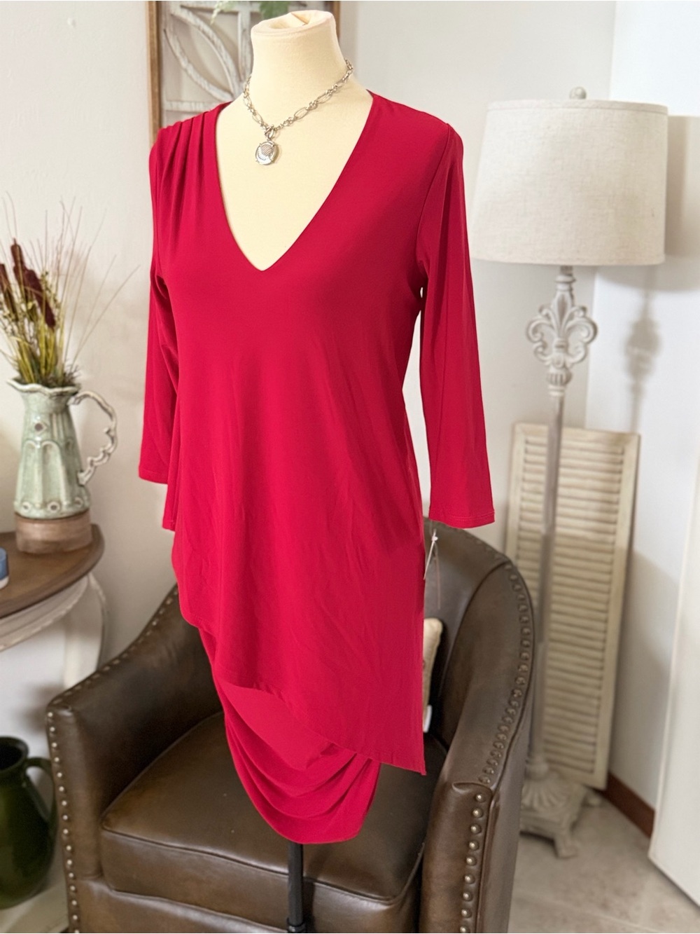 Clara Sunwoo Asymmetrical Red Liquid Jersey Dress Tunic Ruched Lagenlook